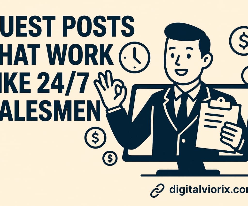 Illustration showing a guest blog post attracting website visitors like a 24/7 virtual salesman.